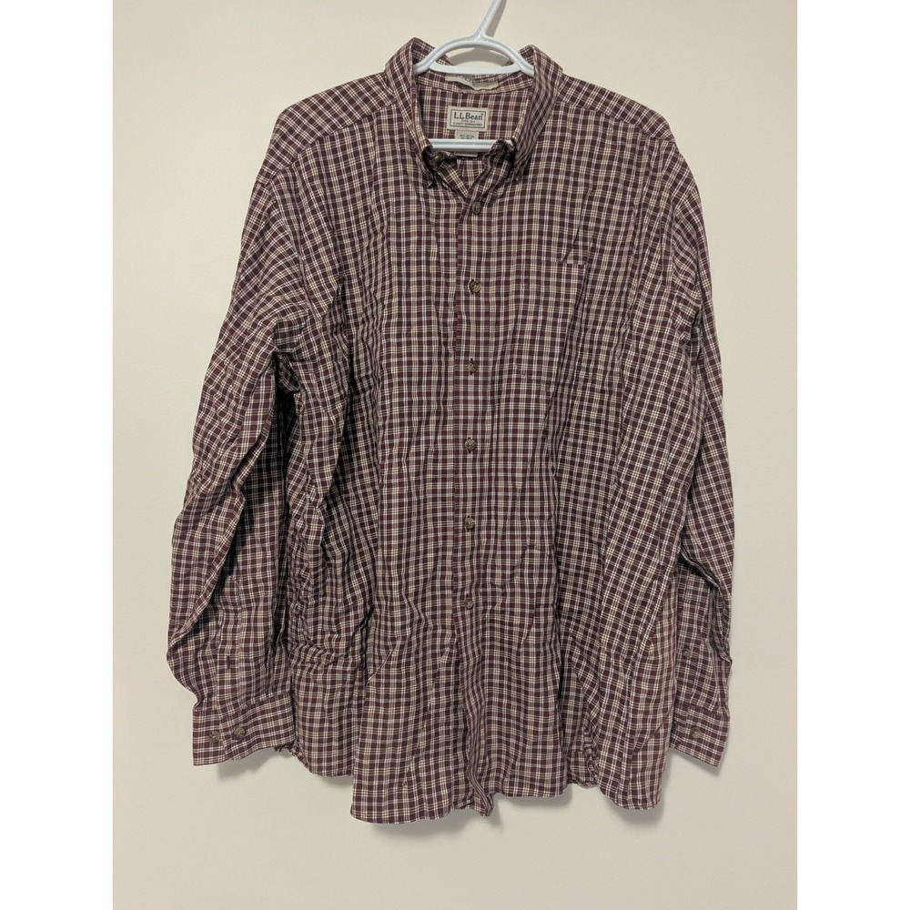 LL Bean Mens‎ XL Reg Maroon Red Cream Plaid Long Sleeve Dress Shirt 100% Cotton